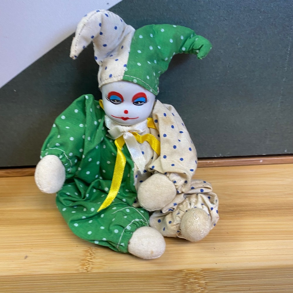 Unbranded Porcelain Clown Doll Unisex OS Green Cream Polka Dot Vintage Jester